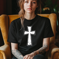 Load image into Gallery viewer, Distressed White Cross T-Shirt, Christian Minimalist Tee, Bold Faith Graphic Shirt, Religious Unisex T-Shirt, Grunge Cross Jesus Te
