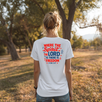 Load image into Gallery viewer, Where the Spirit of the Lord Is, There Is Freedom – Christian Patriotic Bible Verse Shirt | 2 Cor 3:17 USA Flag Tee for Women
