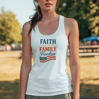 Load image into Gallery viewer, Faith Family Freedom Tank Top, Christian Patriotic Racerback, Women’s USA Flag Shirt, 4th of July Summer Tee, Red White Blue Shirt
