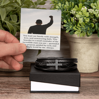 Load image into Gallery viewer, Faith &amp; Strength Black Leather Cross Bracelet – For the Man Grounded in Purpose
