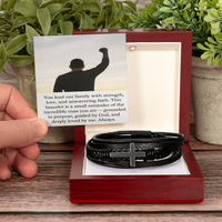 Load image into Gallery viewer, Faith &amp; Strength Black Leather Cross Bracelet – For the Man Grounded in Purpose
