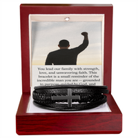 Load image into Gallery viewer, Faith &amp; Strength Black Leather Cross Bracelet – For the Man Grounded in Purpose
